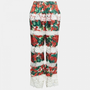 Pre Owned Dolce & Gabbana White/Red Floral Print Lace Trim Silk Trousers L