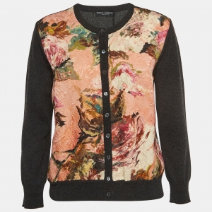 Pre Owned Dolce & Gabbana Pink/Grey Floral Jacquard Inserted Cashmere Cardigan L