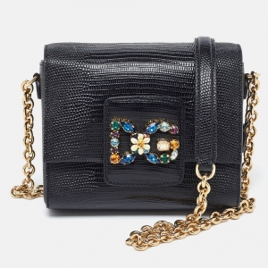 Pre Owned Dolce & Gabbana Black Lizard Embossed Leather Mini DG Millennials Crossbody Bag