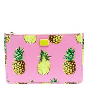 Pre Owned Dolce and Gabbana Pink Pineapple Print Leather Clutch