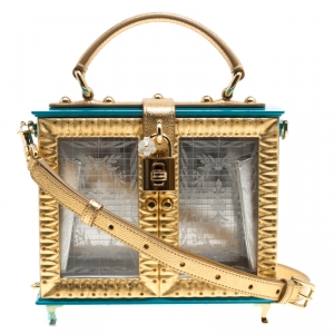 Pre Owned Dolce & Gabbana Blue/Gold Acrylic and Leather Furniture Box Top Handle Bag