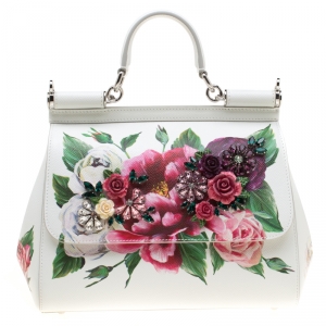 مملوكة مسبقًا Dolce and Gabbana White Leather Peony Medium Miss Sicily Top Handle Bag