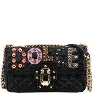 Dolce and Gabbana Black Quilted Leather Embellished Lucia Chain Crossbody Bag