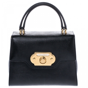 Pre Owned Dolce and Gabbana Black Lizard Embossed Leather Top Handle Bag