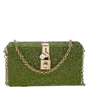 Pre Owned Dolce & Gabbana Green Crystal Embellished Satin Box Bag