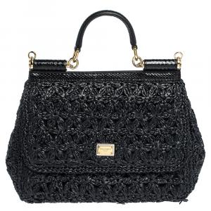 Pre Owned Dolce & Gabbana Black Raffia Crochet / Python Medium Miss Sicily Bag