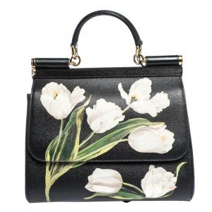 Pre Owned Dolce & Gabbana Black Tulip Print Leather Medium Miss Sicily Bag