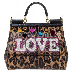 Pre Owned Dolce & Gabbana Brown/Black Leopard Print Leather LOVE Medium Miss Sicily Bag