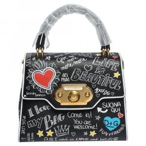 Pre Owned Dolce & Gabbana Black Mural Print Leather Medium Welcome Satchel Bag