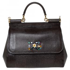 Pre Owned Dolce & Gabbana Brown Iguana Embossed Leather Crystal DG Logo Medium Miss Sicily Bag
