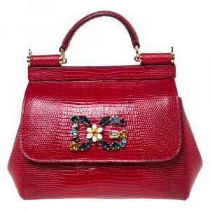 Dolce & Gabbana Red Iguana Embossed Leather Crystal DG Logo Mini Miss Sicily Bag