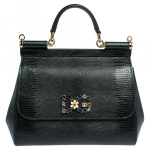 Pre Owned Dolce & Gabbana Green Iguana Embossed Leather Crystal DG Logo Medium Miss Sicily Bag