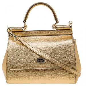 مملوكة مسبقًا Dolce and Gabbana Gold Leather Small Miss Sicily Top Handle Bag