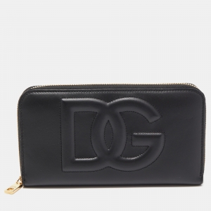 Pre Owned Dolce & Gabbana Black Leather Logo Embossed Zip Around Wallet