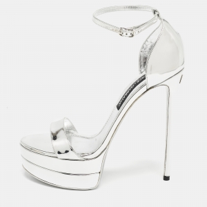 Dolce & Gabbana Silver Leather Double Platform Sandals Size 41