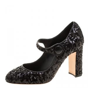 مملوكة مسبقًا Dolce and Gabbana Black Sequin Mary Jane Pumps Size 38