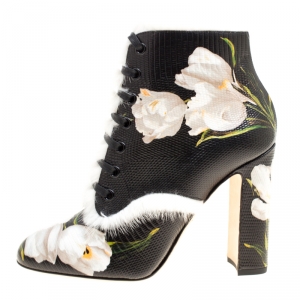 Pre Owned Dolce and Gabbana Black Pebbled Tulip Print Leather Rabbit Fur Trim Ankle Boots Size 37