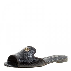 Pre Owned حذاء سلايدز دولتشي أند غابانا سوفيا جلد نقش سحلية أسود مقاس 37