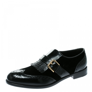 Pre Owned Dolce and Gabbana Black Velvet and Brogue Leather Buckle Detail Loafers Size 40