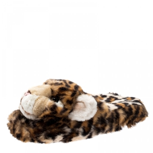 Pre Owned Dolce and Gabbana Brown Leopard Print Faux Fur Plush Flat Slides Size 39