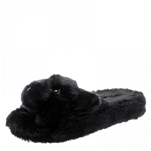 Pre Owned Dolce and Gabbana Black Faux Fur Panther Plush Flat Slides Size 39