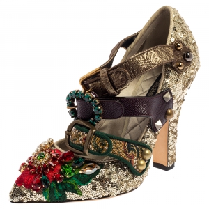 Pre Owned Dolce & Gabbana Multicolor Sequins/Lurex and Leather Multi Buckle Pumps Size 37