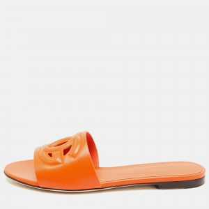 Pre Owned Dolce & Gabbana Orange Leather DG Cut Out Logo Flat Slides Size 37