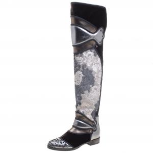 مملوكة مسبقًا Dolce And Gabbana Grey Metallic Brocade, Leather And Velvet Over The Knee Boots Size 39