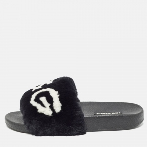 Pre Owned Dolce & Gabbana Black Fur Logo Print Slides Size 37