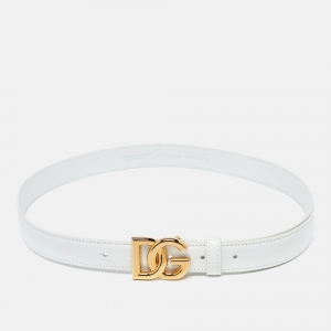 Pre Owned Dolce & Gabbana White Leather DG Logo Slim Belt 80CM