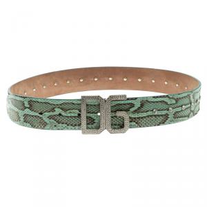Pre Owned Dolce and Gabbana Green Snake Skin Crystal Embellished DG Buckle Belt 90cm