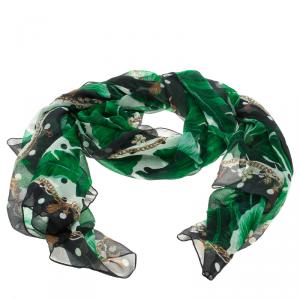 Pre Owned Dolce and Gabbana Banana Leaf Print Crinkled Silk Chiffon Scarf