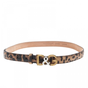 Pre Owned Dolce & Gabbana Brown Leopard Print Leather D&G Buckle Belt 80cm