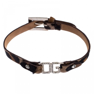 Dolce and Gabbana Brown Leather Silver Tone Choker Necklace