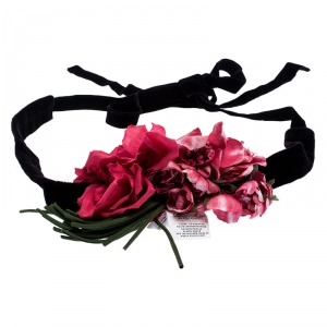 مملوكة مسبقًا Dolce and Gabbana Black Velvet Floral Applique Detail Tie Belt