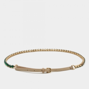Dolce & Gabbana Beige/Emerald Leather and Suede Crystals Embellishment Slim Buckle Belt
