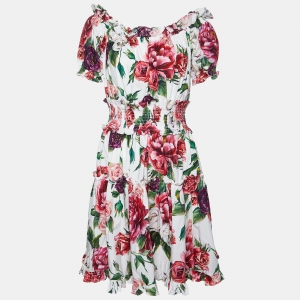 Pre Owned Dolce & Gabbana White Floral Print Cotton Ruffled Dress L