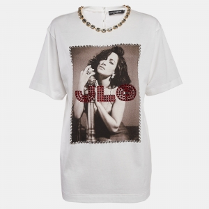 Pre Owned Dolce & Gabbana White J.Lo Photograph Print Jersey Embellished T-Shirt XS