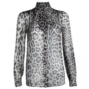 مملوكة مسبقًا Dolce and Gabbana Grey Leopard Print Tie Detail Button Front Blouse S