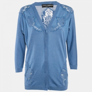 Dolce & Gabbana Blue Cashmere Knit & Lace trim Cardigan XS
