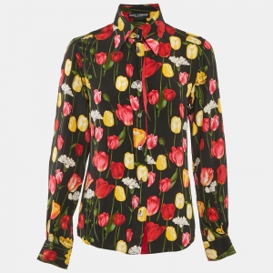 Dolce & Gabbana Black Tulip Print Silk Long sleeve Shirt S