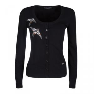 Pre Owned Dolce and Gabbana Black Wool Silk Embroidered Sequin Detail Cardigan M