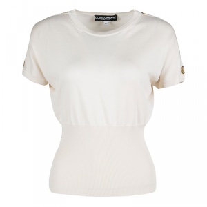 Pre Owned Dolce and Gabbana Beige Shoulder Button Detail Ribbed Hem Short Sleeve Sweater S
