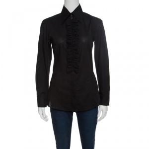 Pre Owned Dolce and Gabbana Black Cotton Ruffle Front Detail Shirt M