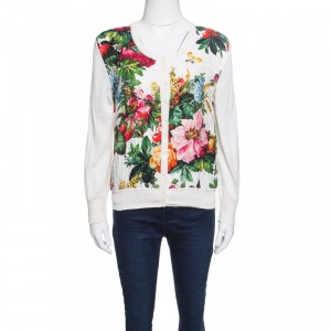 Pre Owned Dolce and Gabbana Cream Floral Print Embossed Jacquard Button Front Cardigan L