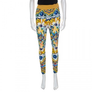 Pre Owned Dolce and Gabbana Majolica Printed Silk Elasticized Waist Skinny Pants S