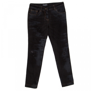 Pre Owned Dolce and Gabbana Black and Grey Washed Effect Distressed Stretch Jeans S