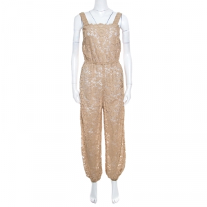 Pre Owned Dolce and Gabbana Beige Floral Lace Elasticized Waist Sleeveless Jumpsuit S