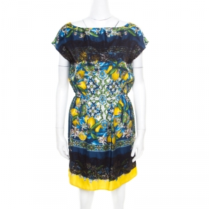 Pre Owned Dolce and Gabbana Lemon Mosaic Printed Silk Lace Trim Tunic Dress M