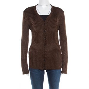 Pre Owned Dolce and Gabbana Chocolate Brown Lurex Insert Button Front Cardigan M